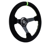 NRG Reinforced Steering Wheel 350mm/3in. Deep Blk Suede/ Neon Green Stitch w/5mm Matte Black Spoke - RST-036MB-S-GN