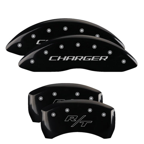 MGP 4 Caliper Covers Engraved Front Charger Engraved Rear RT Black finish silver ch - 12005SCHRBK