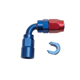 Russell Performance 5/16in SAE Quick Disc Female to -6 Hose Red/Blue 90 Degree Hose End - 611270