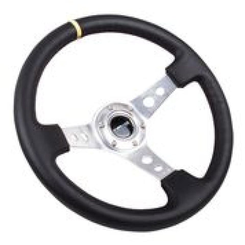 NRG Reinforced Steering Wheel (350mm / 3in. Deep) Blk Leather w/Circle Cut Spokes & Single Yellow CM - RST-006SL-Y