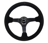 NRG Reinforced Steering Wheel (350mm / 3in. Deep) Blk Suede/Blk Bball Stitch w/5mm Matte Black Spoke - RST-036MB-S-BK