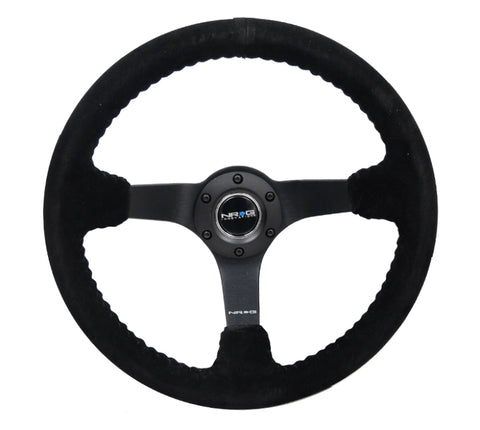 NRG Reinforced Steering Wheel (350mm / 3in. Deep) Blk Suede/Blk Bball Stitch w/5mm Matte Black Spoke - RST-036MB-S-BK