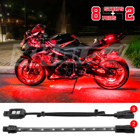 XK Glow Single Color XKGLOW LED Accent Light Motorcycle Kit Red - 8xPod + 2x8InStrips - XK034001-R