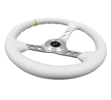 NRG Reinforced Steering Wheel (350mm / 3in. Deep) Wht Leather w/Silver Spoke & Single Yellow Mark - RST-006WT-Y