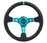 NRG Reinforce Steering Wheel (350mm / 3in. Deep) Blk Leather, Teal Center Mark w/ Teal Stitching - RST-006TL