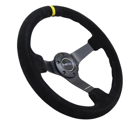 NRG Reinforced Steering Wheel (350mm / 3in. Deep) Blk Suede/X-Stitch w/5mm Blk Spoke & Yellow CM - RST-036MB-S-Y