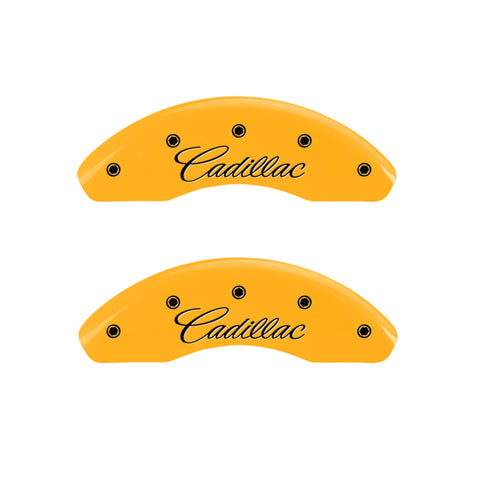 MGP 4 Caliper Covers Engraved Front & Rear Cursive/Cadillac Yellow finish black ch - 35021SCADYL