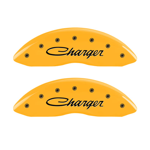 MGP 4 Caliper Covers Engraved F & R Cursive/Charger Yellow Finish Black Char 2006 Dodge Charger - 12005SCHSYL