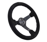 NRG Reinforced Steering Wheel (350mm / 3in. Deep) Blk Suede/Silver BBall Stitch w/5mm Mt. Blk Spokes - RST-036MB-S-SL