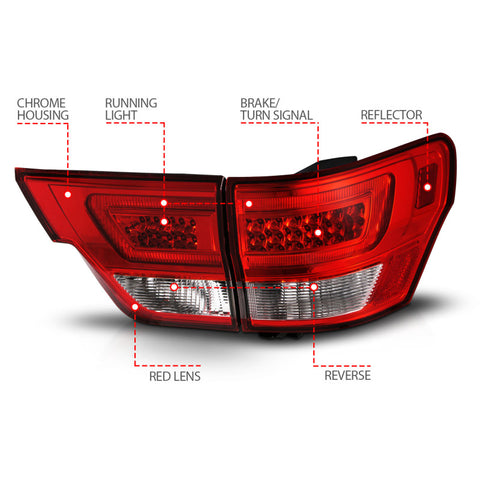 ANZO 11-13 Jeep Grand Cherokee LED Taillights w/ Lightbar Chrome Housing Red/Clear Lens 4pcs - 311442