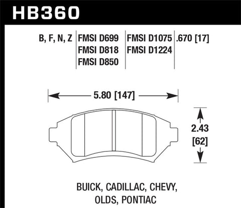 Hawk Buick/ Cadillac/ Chevy/ Olds/ Pontiac Front HPS Brake Pads - HB360F.670