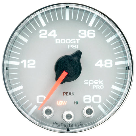 Autometer Spek-Pro Gauge Boost 2 1/16in 60psi Stepper Motor W/Peak & Warn Slvr/Chrm - P304218