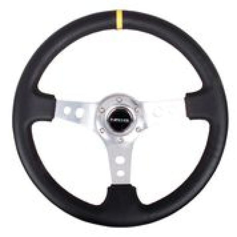 NRG Reinforced Steering Wheel (350mm / 3in. Deep) Blk Leather w/Circle Cut Spokes & Single Yellow CM - RST-006SL-Y