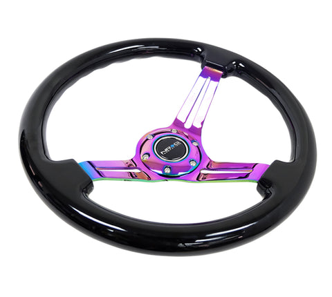 NRG Reinforced Steering Wheel (350mm / 3in. Deep) Blk Wood w/Blk Matte Spoke/Neochrome Center Mark - RST-018BK-MC