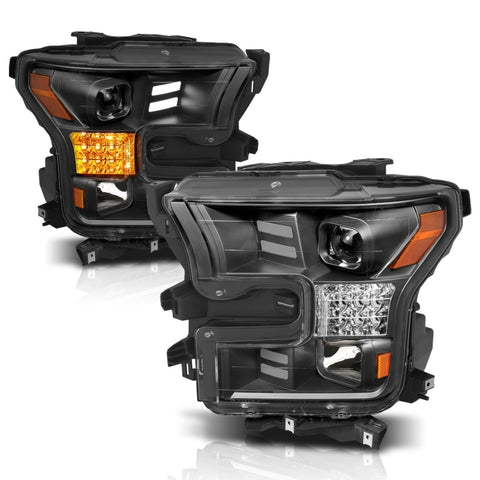 ANZO 15-17 Ford F-150 Project Headlights w/ Plank Style Design Black w/ Amber Sequential Turn Signal - 111408