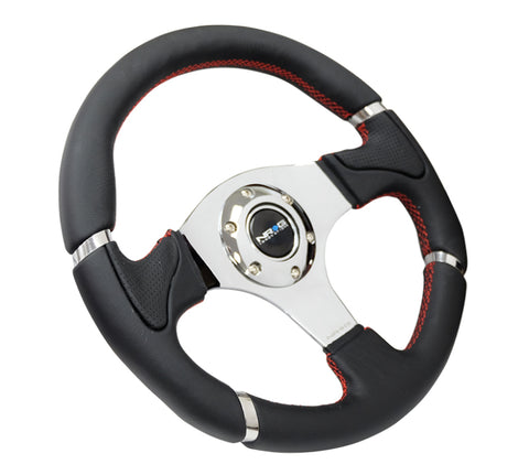 NRG Reinforced Steering Wheel (320mm) Blk Leather/Red Stitching w/Chrome 3-Spoke Center - RST-008R