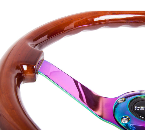 NRG Reinforced Steering Wheel (350mm / 3in. Deep) Classic Dark Wood w/4mm Neochrome Solid 3-Spoke - RST-036BR-MC