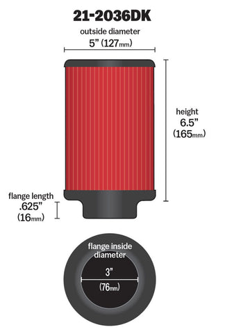 AEM Aif Filter, 3inFLG/ 5inOD/ 6-1/2inH Dry Flow - 21-2036DK