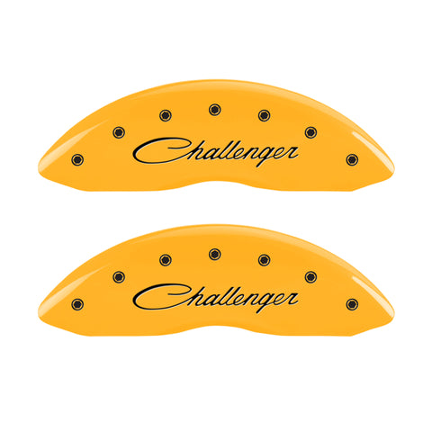 MGP 4 Caliper Covers Engraved Front Cursive/Challenger Engraved Rear RT Yellow finish black ch - 12088SCLRYL