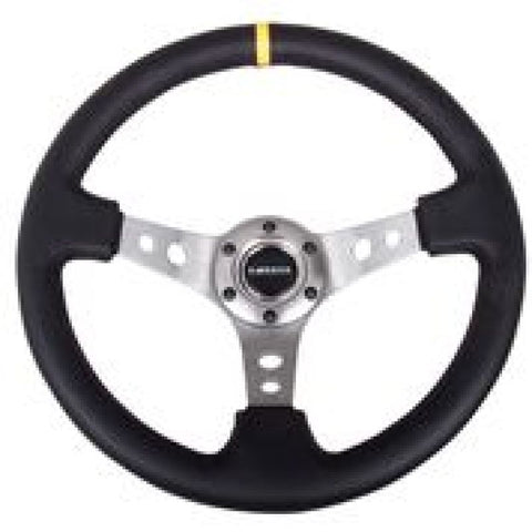 NRG Reinforced Steering Wheel (350mm / 3in. Deep) Blk Leather w/Gunmetal Cutout Spoke & Yellow CM - RST-006GM-Y