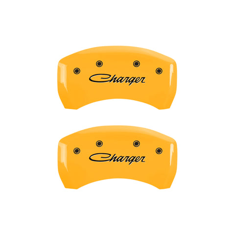 MGP 4 Caliper Covers Engraved F & R Cursive/Charger Yellow Finish Black Char 2006 Dodge Charger - 12005SCHSYL