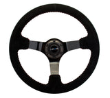 NRG Reinforced Steering Wheel (350mm / 3in. Deep) Blk Suede w/Red BBall Stitch & Black 3-Spoke - RST-036BK-S