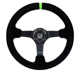 NRG Reinforced Steering Wheel 350mm/3in. Deep Blk Suede/ Neon Green Stitch w/5mm Matte Black Spoke - RST-036MB-S-GN