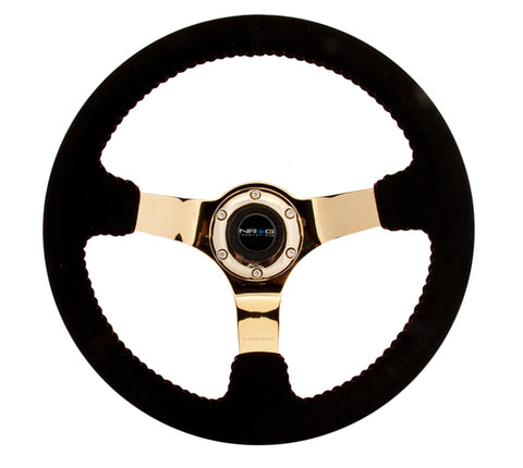 NRG Reinforced Steering Wheel (350mm / 3in. Deep) Blk Suede w/Red BBall Stitch & Chrome Gold 3-Spoke - RST-036GD-S