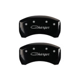 MGP 4 Caliper Covers Engraved Front & Rear Cursive/Charger Black finish silver ch - 12162SCHSBK