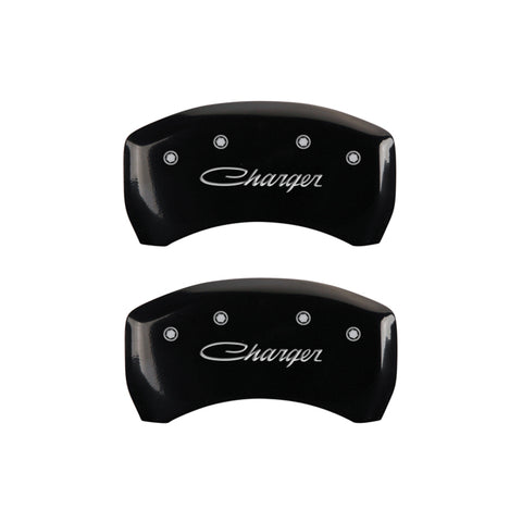 MGP 4 Caliper Covers Engraved Front & Rear Cursive/Charger Black finish silver ch - 12162SCHSBK