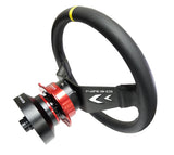 NRG Reinforced Steering Wheel (350mm / 3in Deep) Blk Leather w/NRG Arrow-Cut 2-Spoke & Sgl Yellow CM - RST-022R-Y