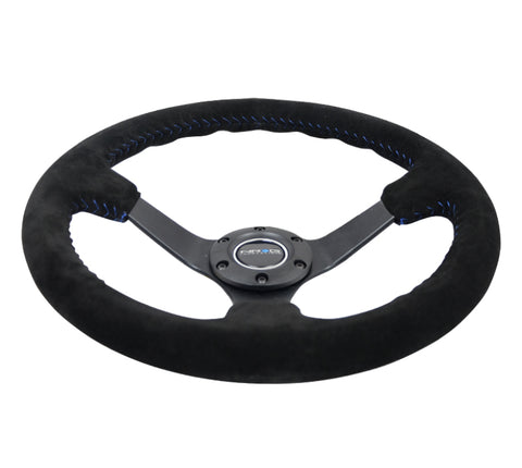 NRG Reinforced Steering Wheel (350mm / 3in. Deep) Blk Suede/Blue BBall Stitch w/5mm Matte Blk Spokes - RST-036MB-S-BL