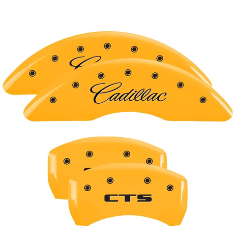 MGP 4 Caliper Covers Engraved Front Cursive/Cadillac Engraved Rear CTS Yellow finish black ch - 35024SCTSYL