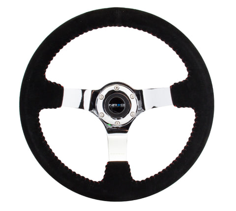 NRG Reinforced Steering Wheel (350mm / 3in. Deep) Blk Suede w/Red BBall Stitch & Chrome 3-Spoke - RST-036CH-S