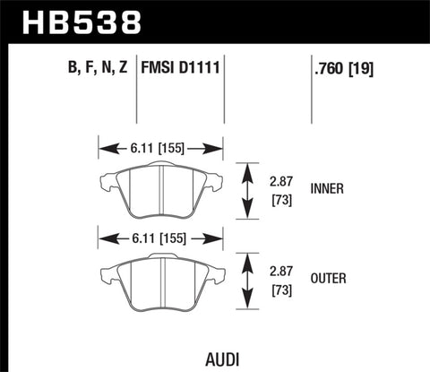 Hawk 09 Audi A4 Cabriolet / 05-07 A4 / 05-09 A4 Quattro / 06-09 A6 / 08 VW R32 HPS Front Brake Pads - HB538F.760