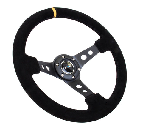 NRG Reinforced Steering Wheel (350mm / 3in. Deep) Blk Suede w/Circle Cut Spokes & Single Yellow CM - RST-006S-Y