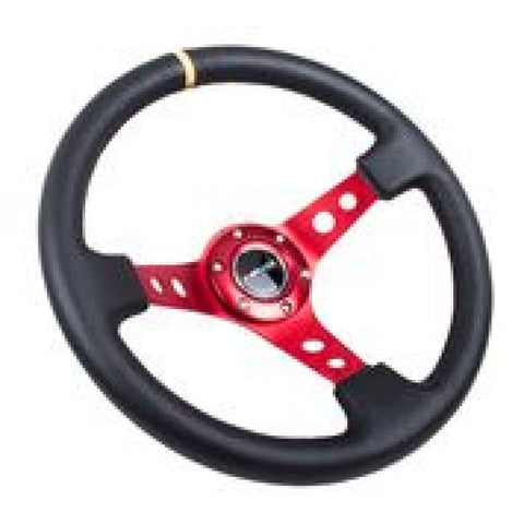 NRG Reinforced Steering Wheel (350mm / 3in. Deep) Blk Leather w/Red Spokes & Sgl Yellow Center Mark - RST-006RD-Y