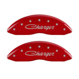 MGP 4 Caliper Covers Engraved Front & Rear Cursive/Charger Red finish silver ch - 12181SCHSRD