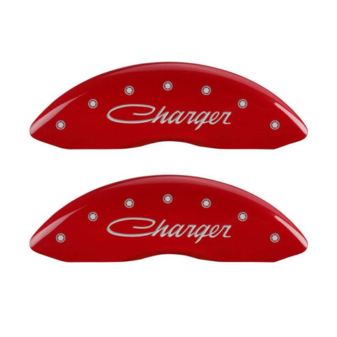 MGP 4 Caliper Covers Engraved Front & Rear Cursive/Charger Red finish silver ch - 12088SCHSRD