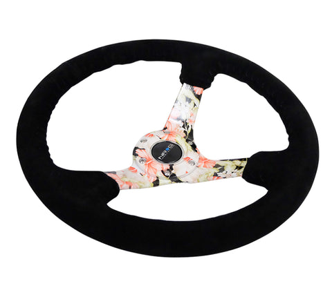 NRG Reinforced Steering Wheel (350mm / 3in. Deep) Blk Suede Floral Dipped w/ Blk Baseball Stitch - RST-036FL-S