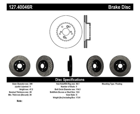 StopTech Nissan 370Z / 01-03 Acura CL / 06 EL / 04-09 TSX / 03-07 Honda Accord Coupe M/T / 05-08 Se - 127.40046R