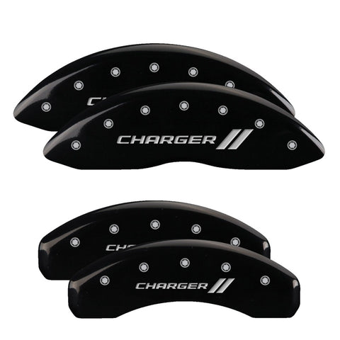 MGP 4 Caliper Covers Engraved Front & Rear With stripes/Charger Black finish silver ch - 12088SCH1BK