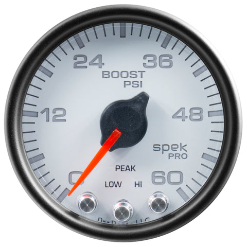 Autometer Spek-Pro Gauge Boost 2 1/16in 60psi Stepper Motor W/Peak & Warn Wht/Blk - P30412