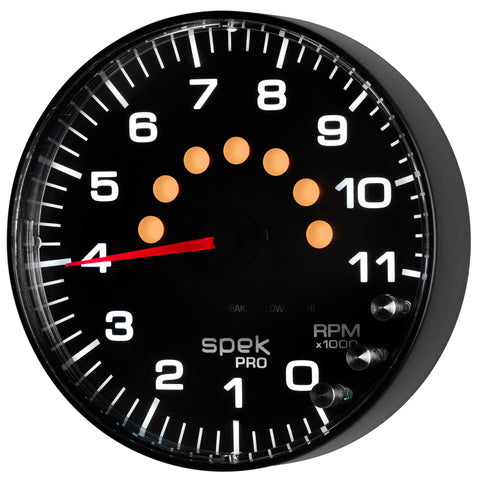 Autometer Spek-Pro Gauge Tachometer 5in 11K Rpm W/Shift Light & Peak Mem Black/Black - P239328