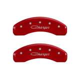 MGP 4 Caliper Covers Engraved Front & Rear Cursive/Charger Red finish silver ch - 12088SCHSRD