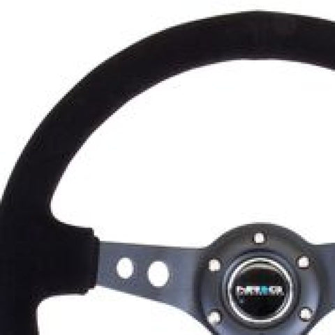 NRG Reinforced Steering Wheel (350mm / 3in. Deep) Blk Suede/Blk Stitch w/Black Circle Cutout Spokes - RST-006-S