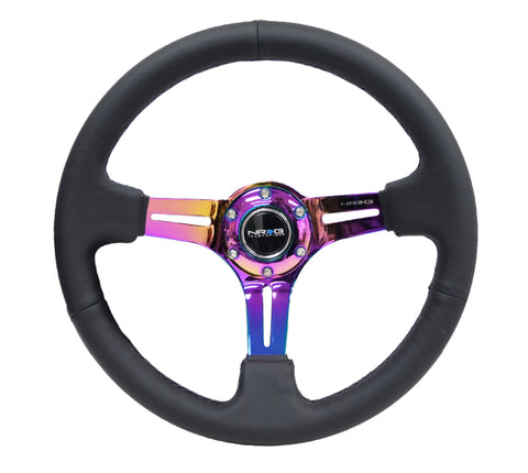 NRG Reinforced Steering Wheel (350mm / 3in. Deep) Blk Leather/Blk Stitch w/Neochrome Slits - RST-018R-MCBS