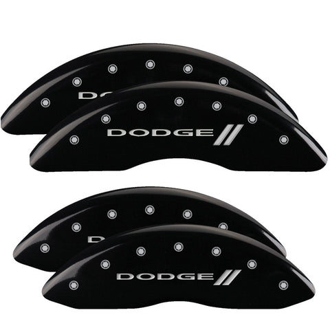 MGP 4 Caliper Covers Engraved Front & Rear With stripes/Dodge Black finish silver ch - 12088SDD3BK