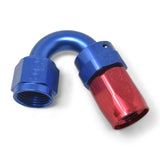 Russell Performance -8 AN Red/Blue 150 Degree Full Flow Swivel Hose End (With 3/4in Radius) - 613460