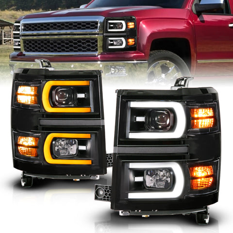 Anzo 14-15 Chevy Silverado 1500 Black Dual Switchback+Sequential LED Tube Sq. Projector Headlights - 111617